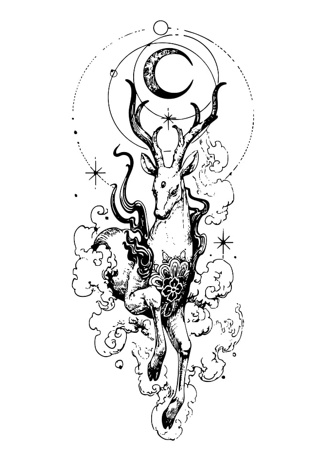 Mystical Deer with Moon and Clouds