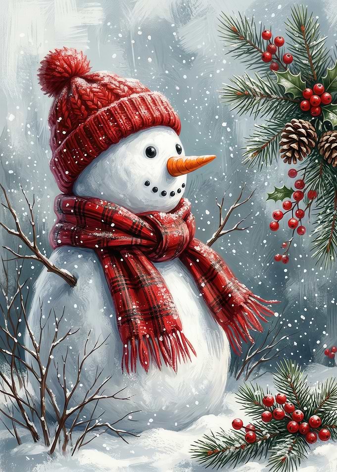 Cute Snowman in Winter Scene