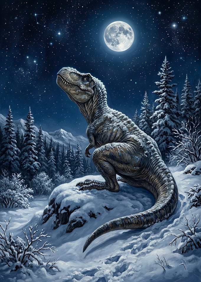 Tyrannosaurus Rex in Snowy Night Landscape