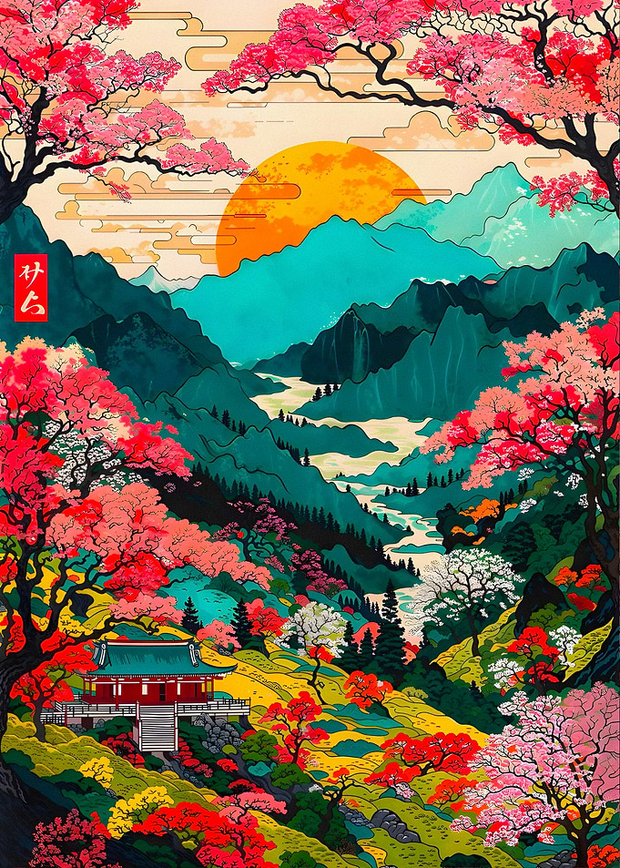 Vibrant Japanese Mountain Landscape with Cherry Blossoms