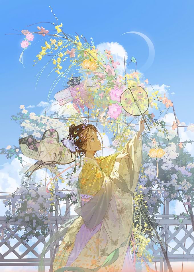 Girl in Yellow Kimono with Flowers and Kites