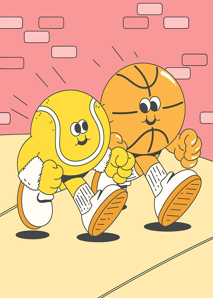 Tennis ball and basketball characters walking