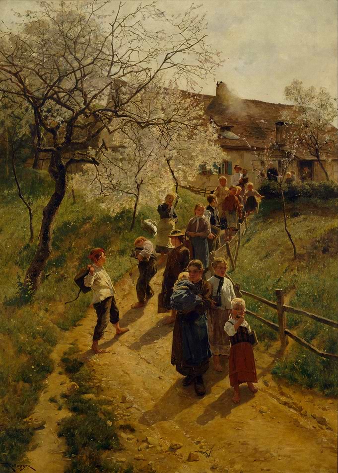Children walking on a path in spring