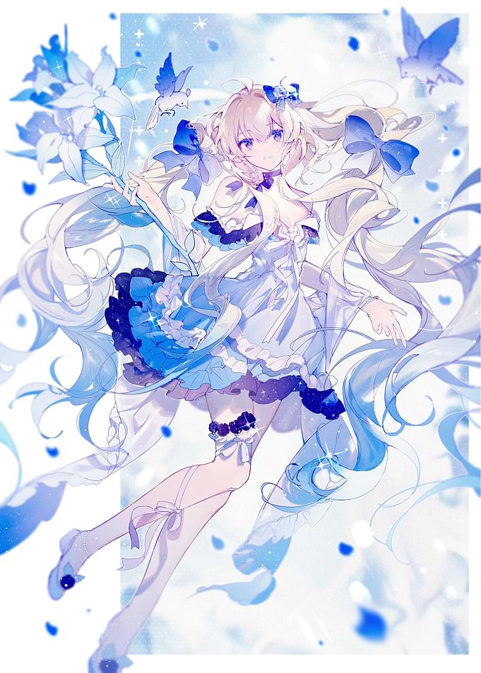 Girl with Blue Flowers and Birds
