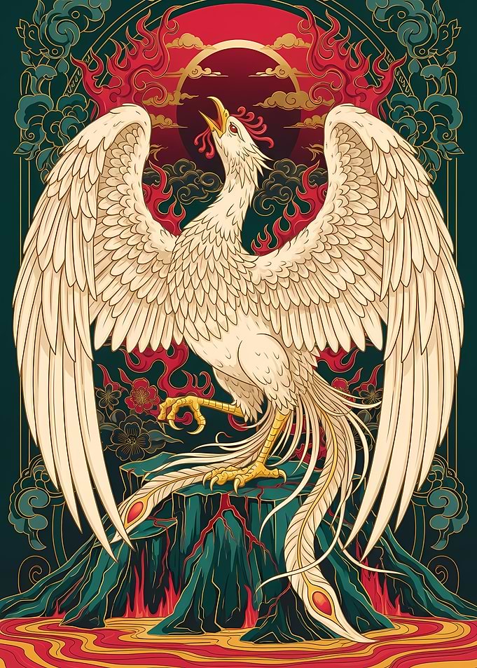 White Phoenix Rising from Flames