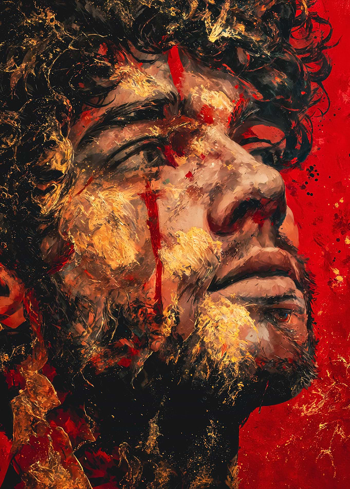 Textured Portrait Man Red Gold Paint