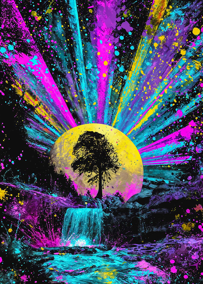 Vibrant Neon Tree Waterfall Landscape