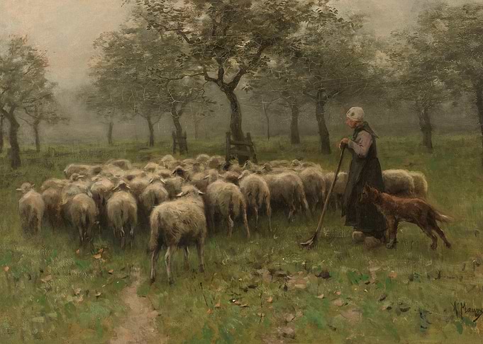 Shepherdess with Sheep and Dog