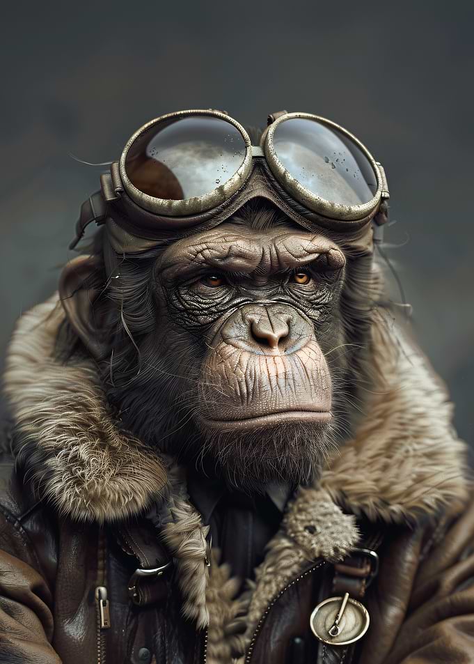 Chimpanzee Pilot in Vintage Aviator Gear