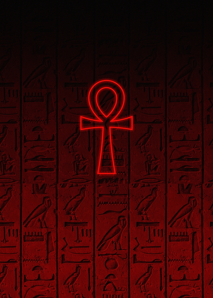 Red Neon Ankh on Hieroglyphic Background