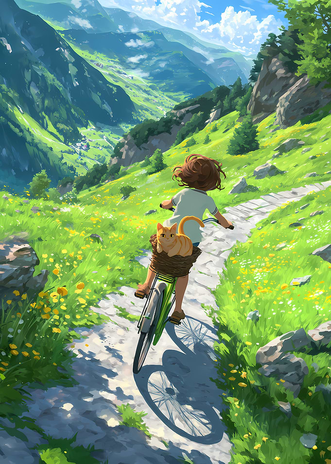 Girl biking with cat in a scenic landscape