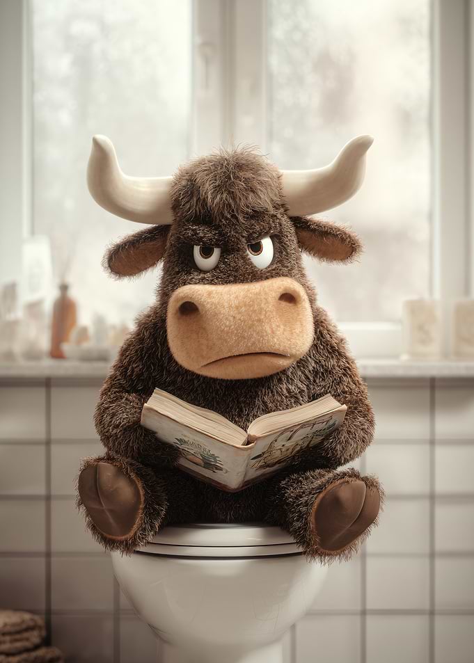 Furry Bull Reading a Book on Toilet