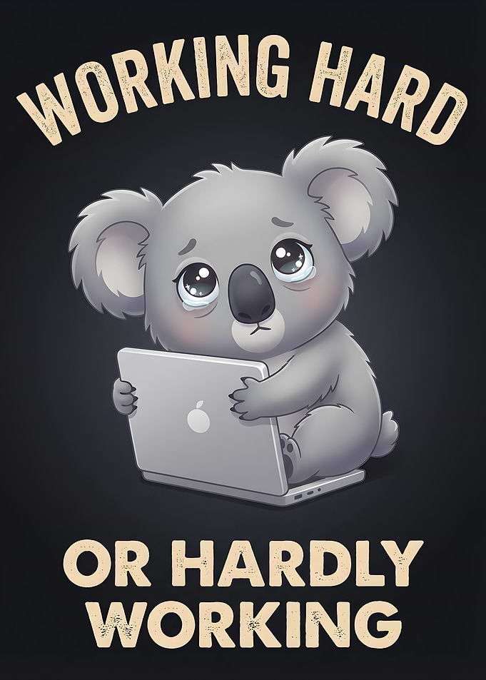 Sad Koala Working on Laptop