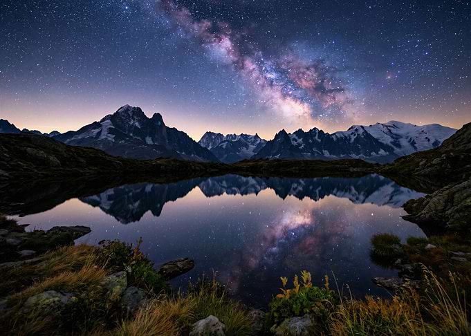 Milky Way over Mont Blanc reflected in lake