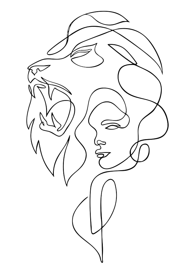 Lion and Woman Line Art