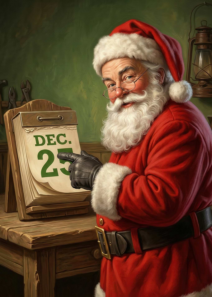 Santa Claus points to December 25th on a calendar
