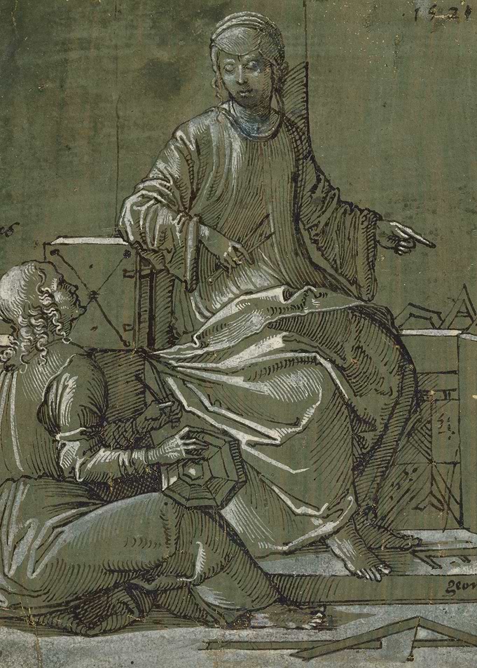 Two figures studying geometry