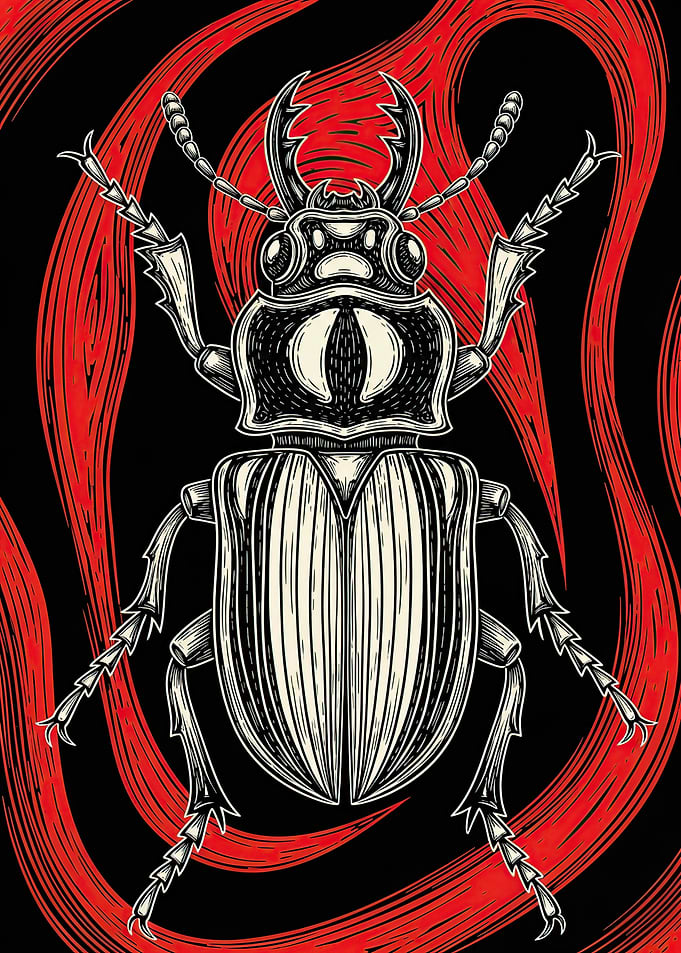 Stag Beetle with Red Swirl Background