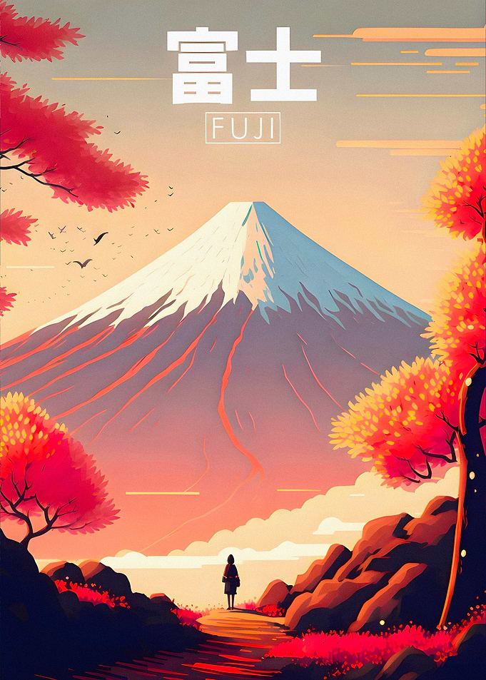 Mount Fuji Landscape with Red Trees