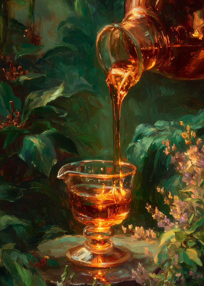 Amber liquid pouring into a glass