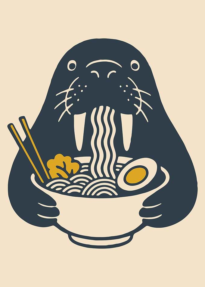 Walrus Ramen Poster, Cute Animal Noodle Illustration, Japanese Food Wall Art Print