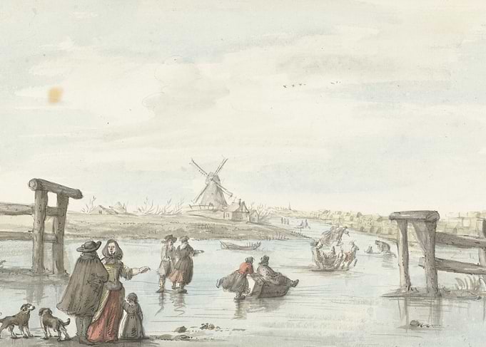 Winter Ice Skating Scene with Windmill