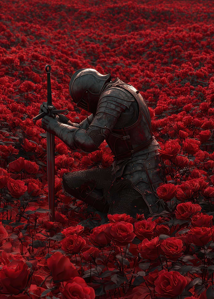 Knight Kneeling in Red Roses