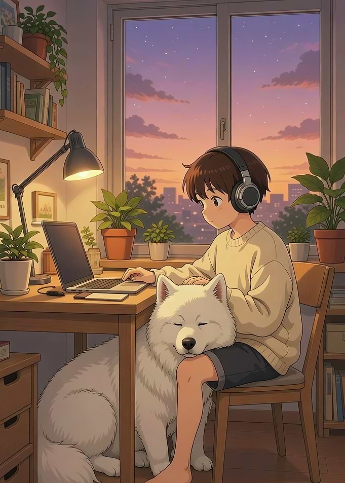 Anime boy with dog studying at sunset