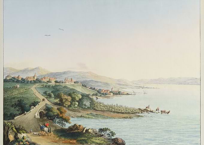 Watercolor Landscape of a Coastal Town and Bridge