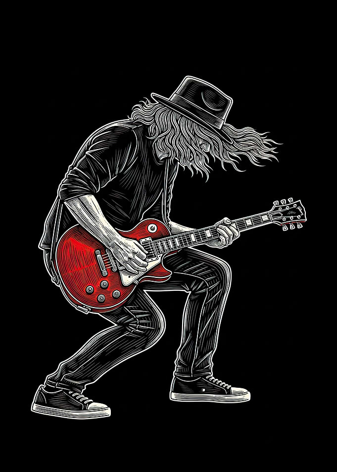 Rock Guitarist with Long Hair and Hat
