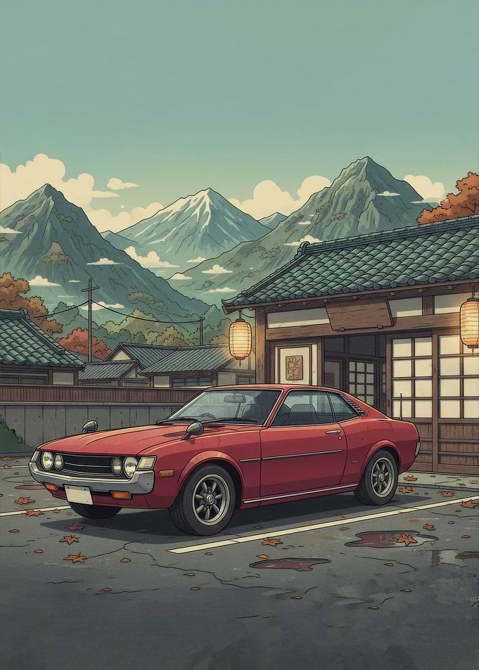 Red Classic Car in Japanese Village