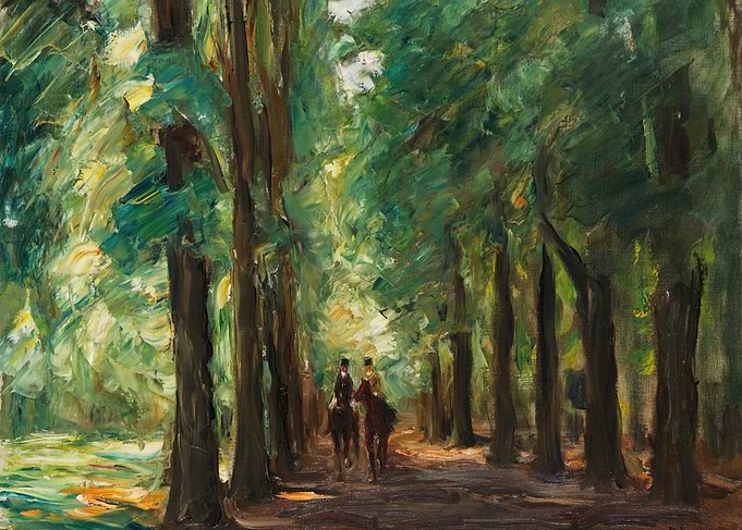 Two figures on horseback in a tree-lined path