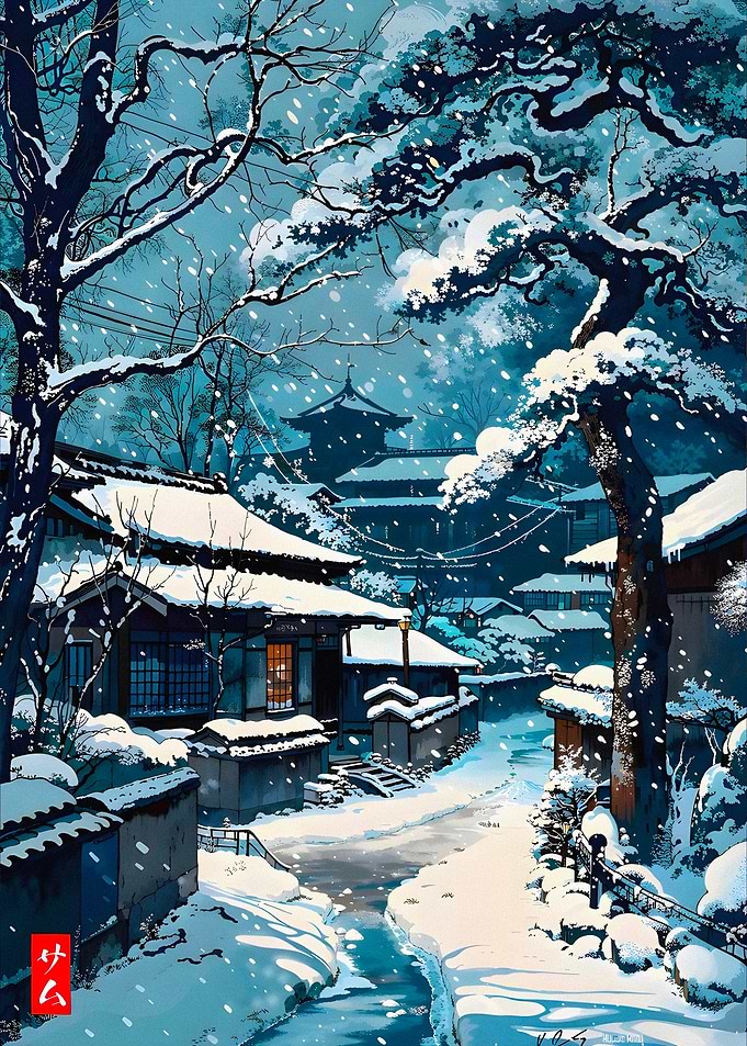Snowy Japanese Village Scene
