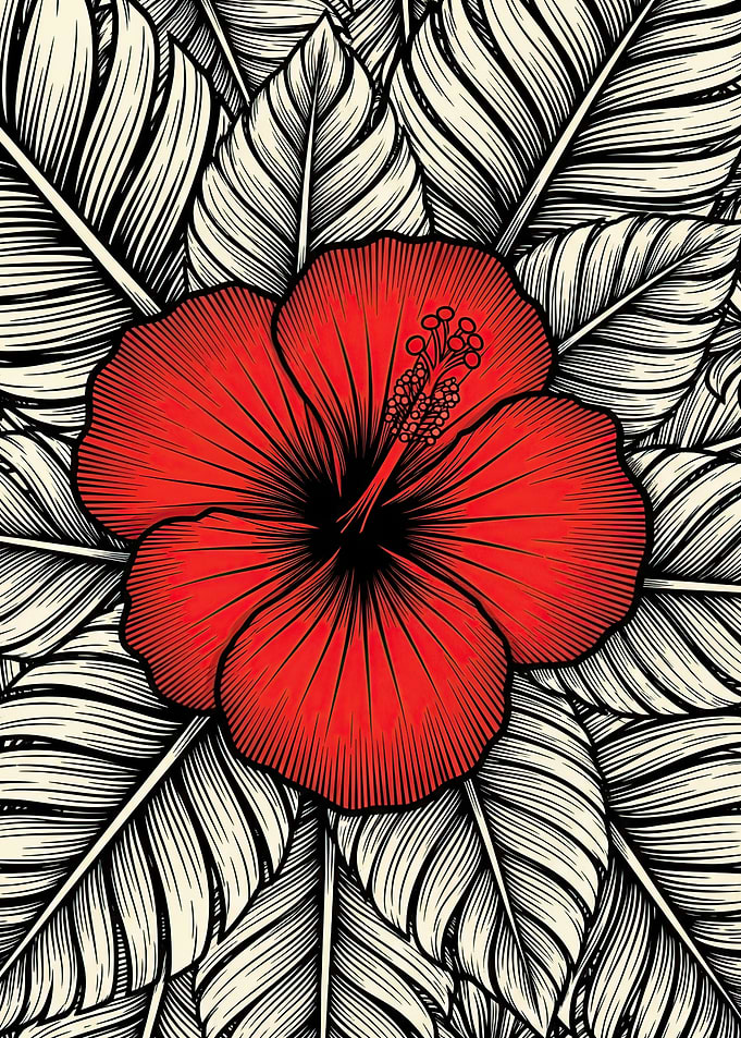 Red Hibiscus Flower with Leaves
