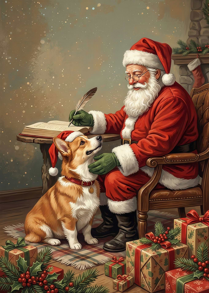 Santa Claus and Corgi with Gifts