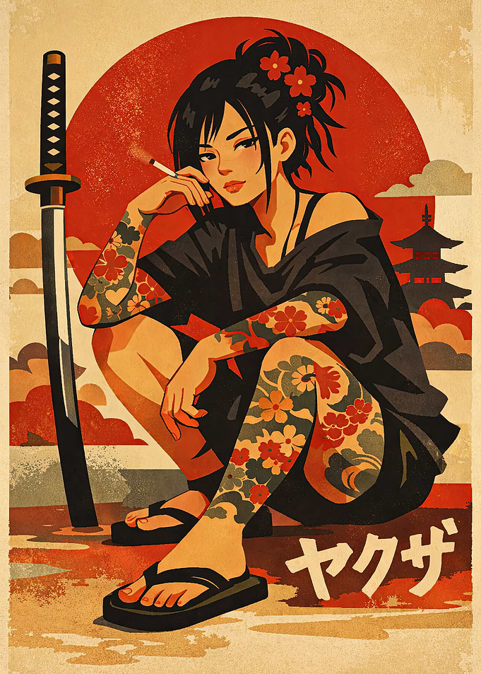 Yakuza Woman with Katana and Tattoos