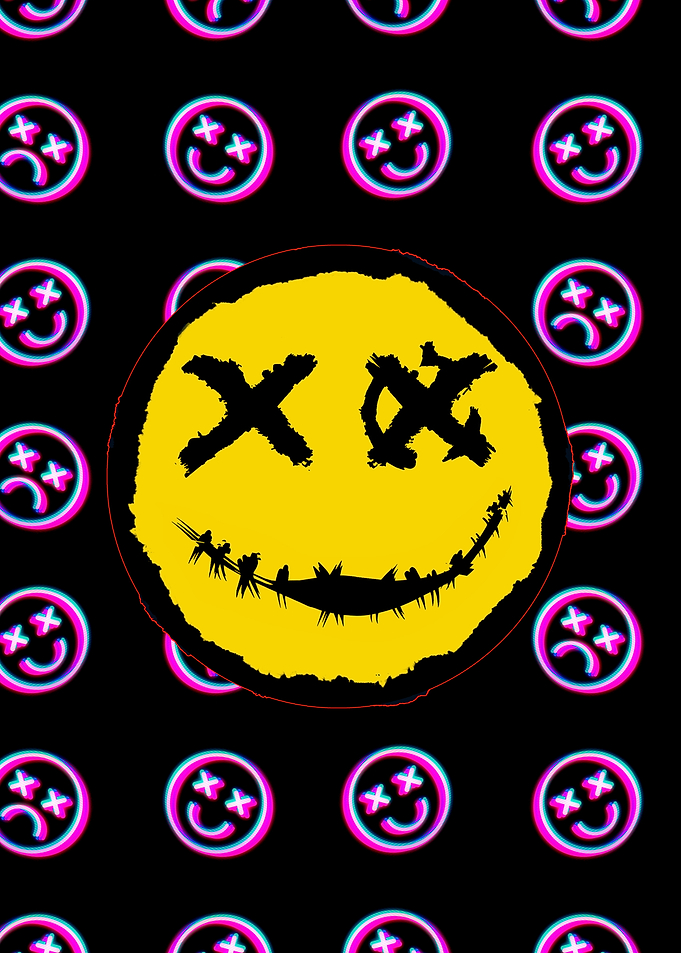 Distorted Smiley Face with Glitchy Background