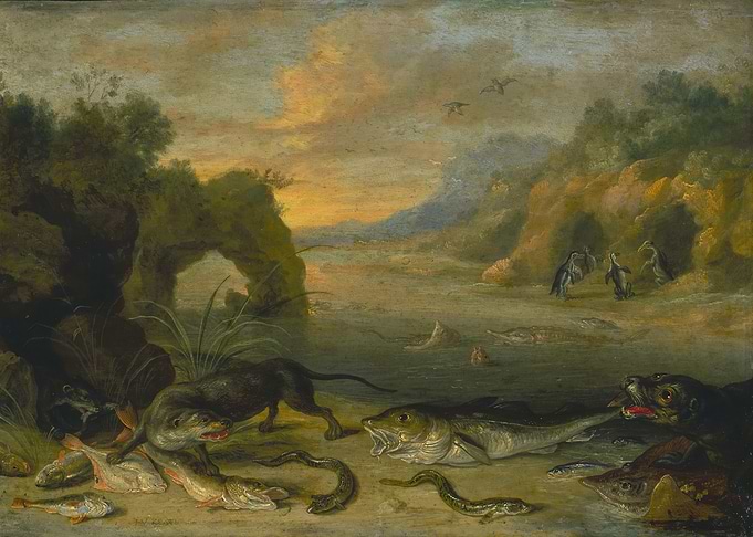 Animals and Fish in a Rocky Landscape