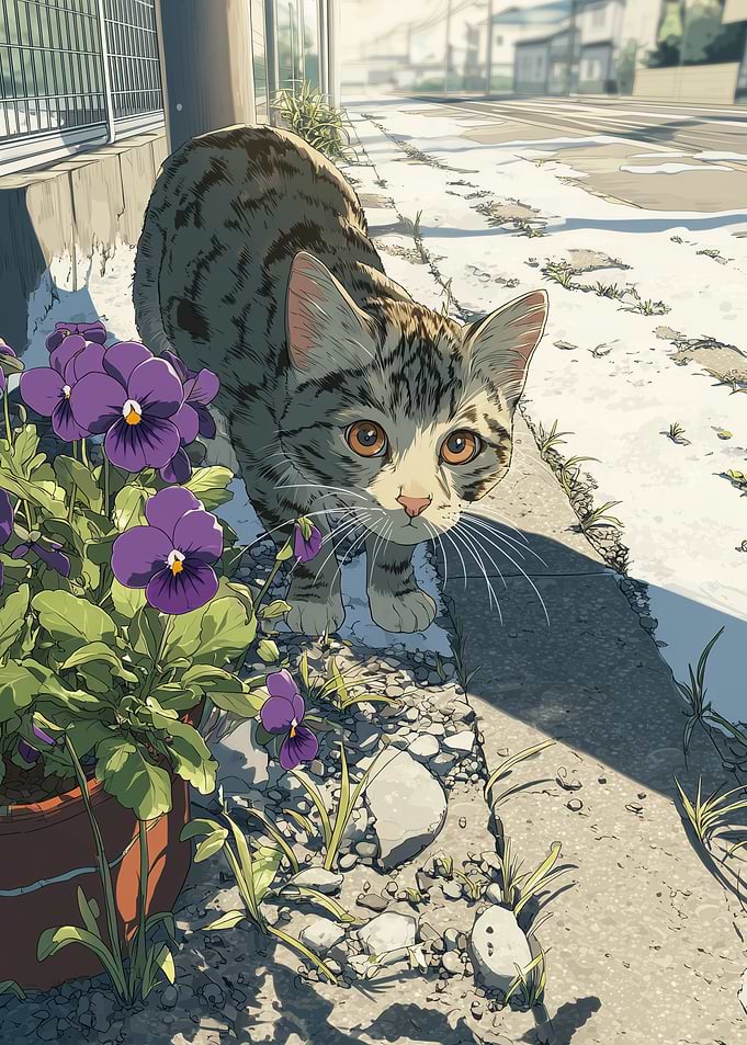 Kitten by purple flowers on street