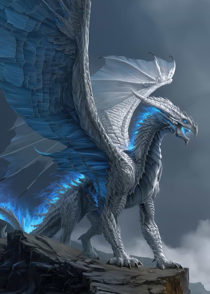 Majestic White Dragon with Blue Flames
