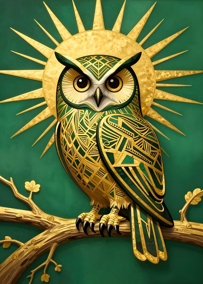Golden Green Art Deco Owl with Sunburst