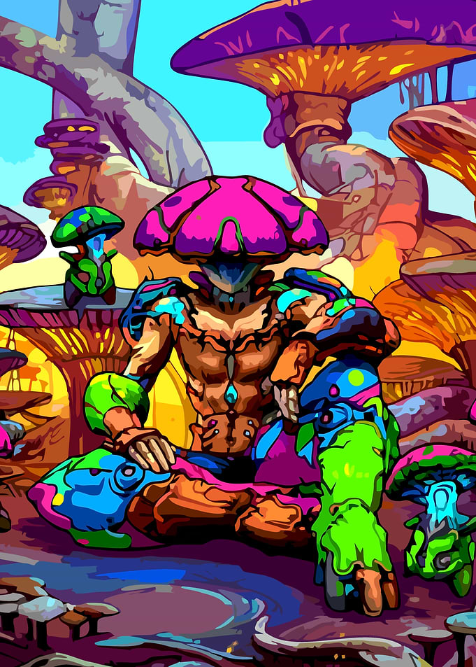 Mushroom Man Sitting in Psychedelic Forest