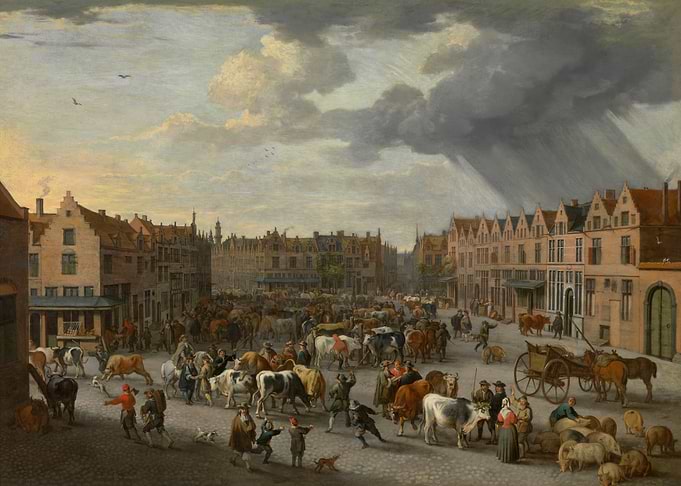 Bustling Cattle Market in a European City Square