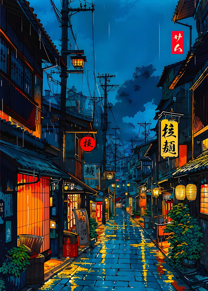 Rainy Japanese Street at Night