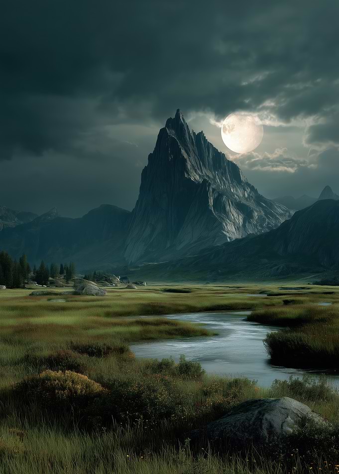 Moonlit Mountain Landscape with River