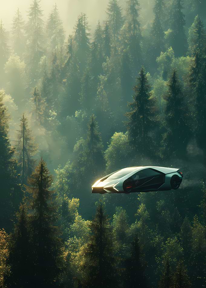 Futuristic Car Flying Over Forest
