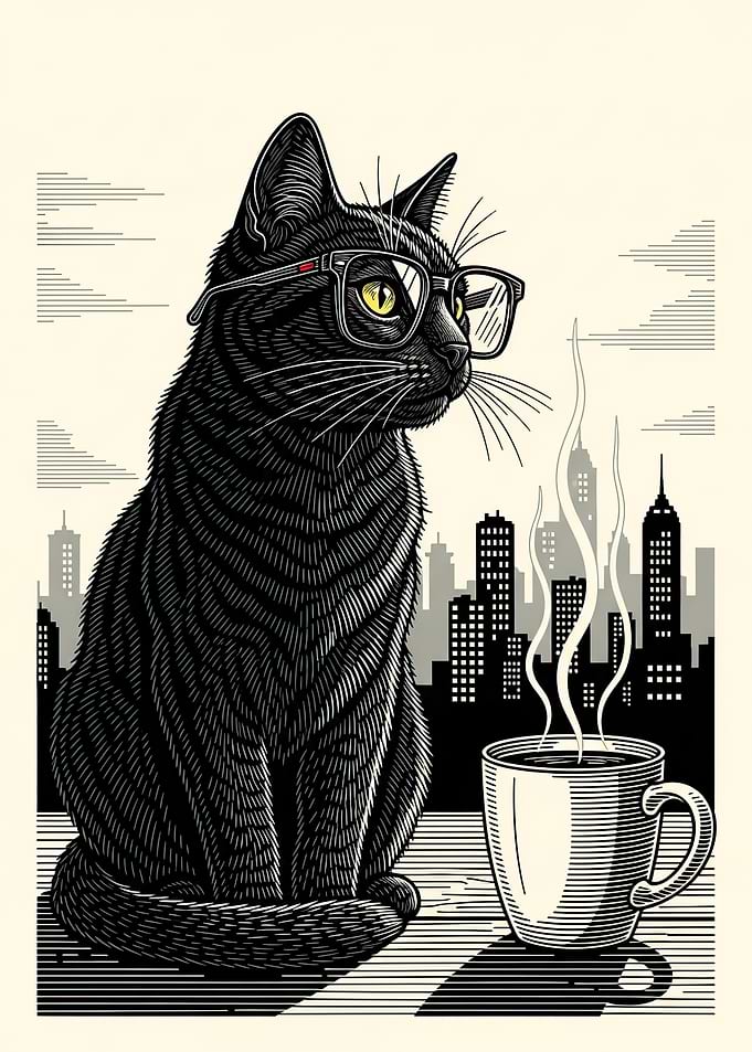Black Cat with Glasses and Coffee