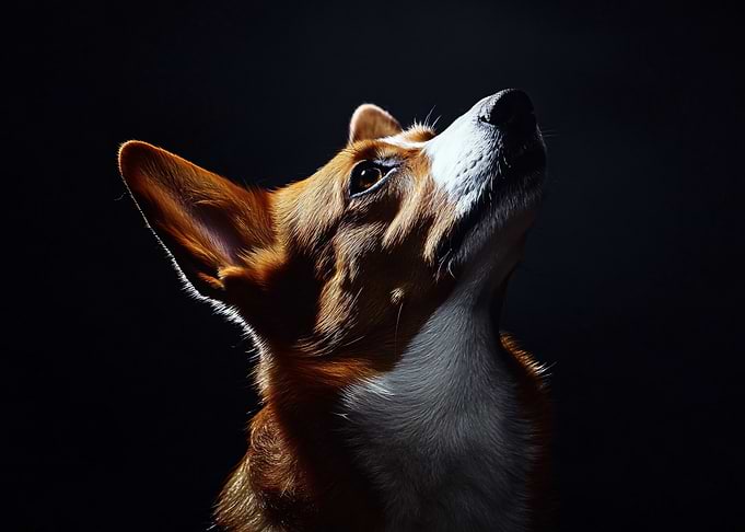 Dog looking up with dramatic lighting