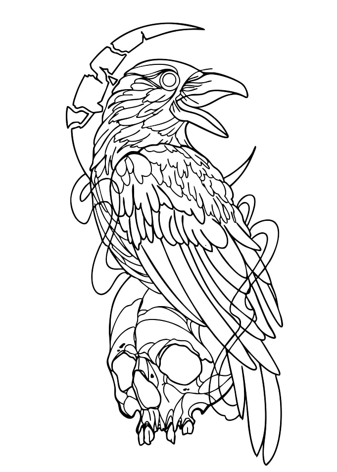 Raven on Skull with Crescent Moon