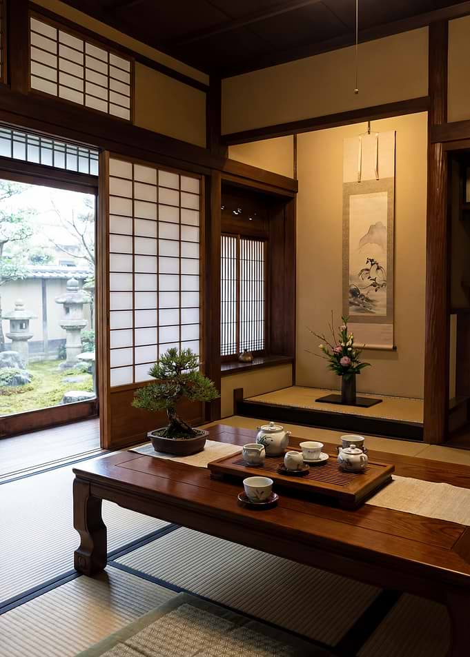 Traditional Japanese Tea Room with Garden View